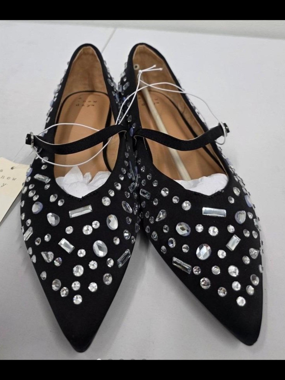 a new day Black Crystal Embellished Pointed Mary Jane Flats
